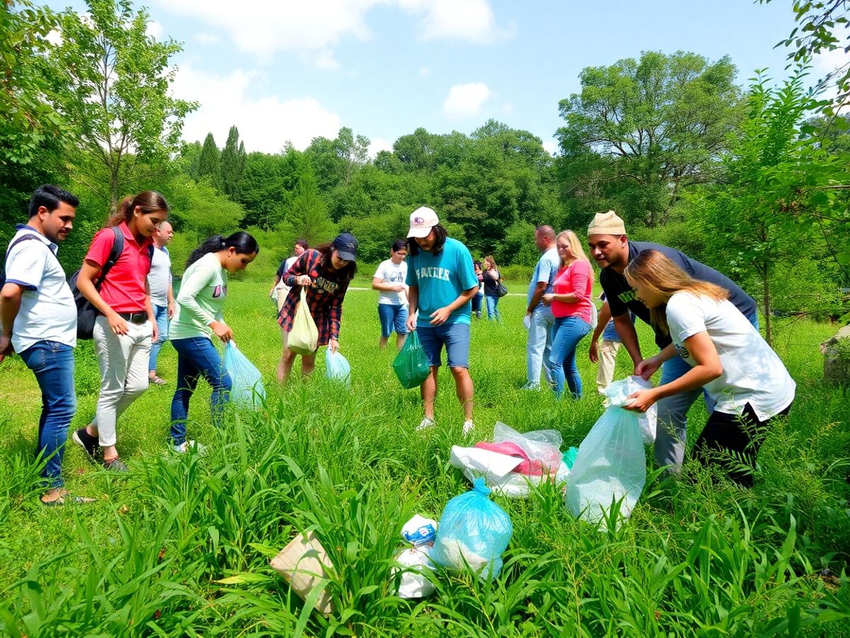 Oameni curățând natura, voluntariat.