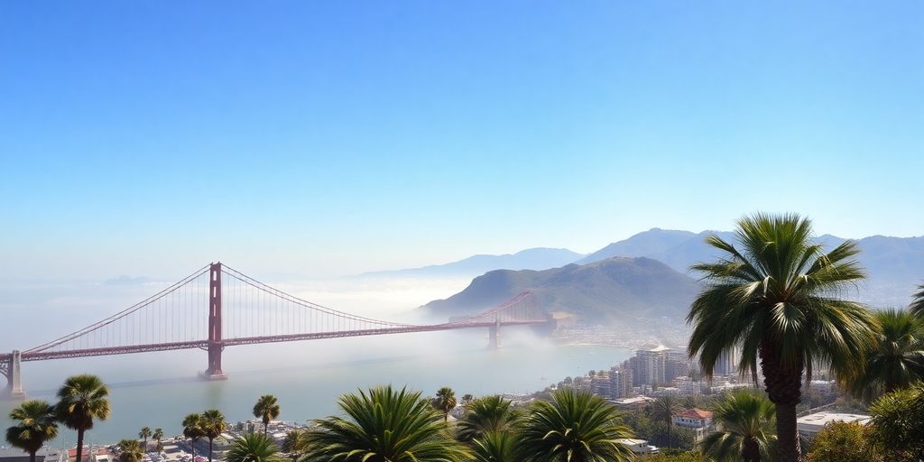 Golden Gate Bridge, palm trees, Hollywood sign, sunny California