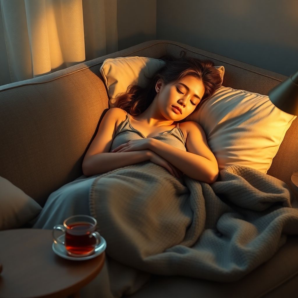 Woman resting on a couch, looking tired and peaceful.