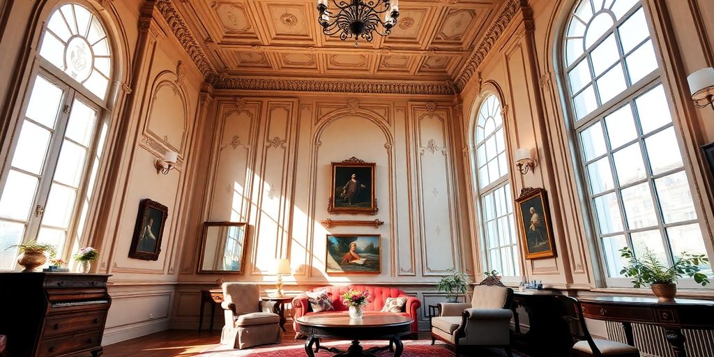 Elegant European interior with high ceilings and mouldings.