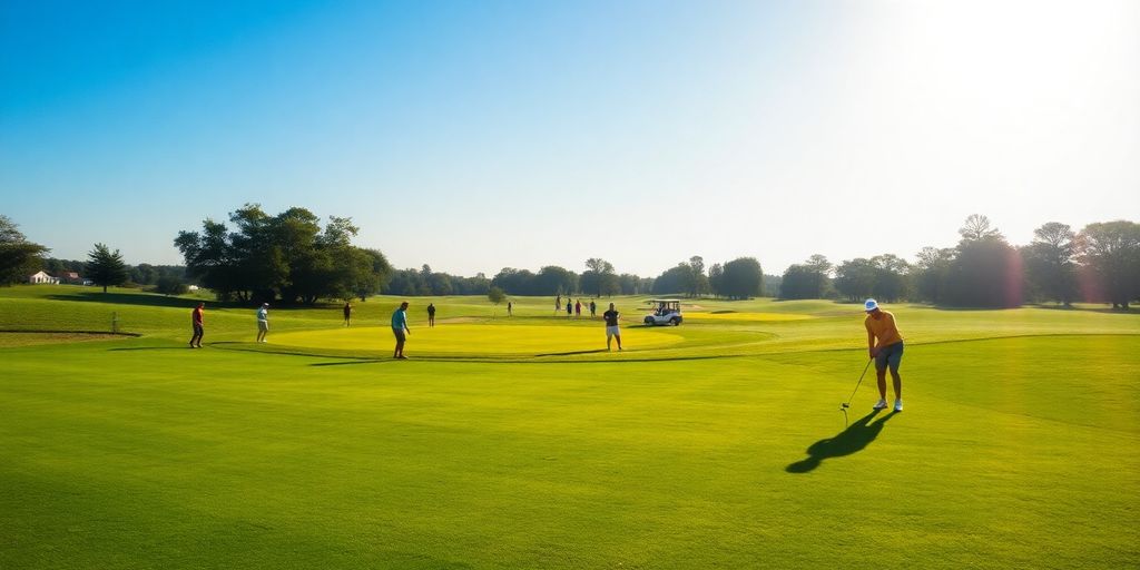 Golfers enjoying a sunny day on a green course.