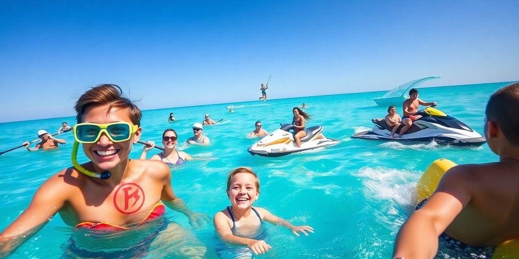People enjoying various water activities on a sunny Cabo beach.