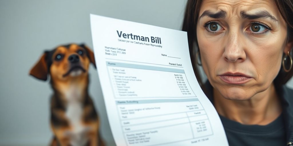 Pet owner worried about veterinary costs with dog beside.
