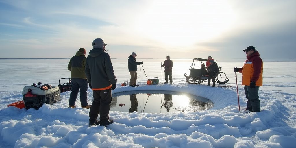Ice anglers fishing on snowy Devils Lake in winter.