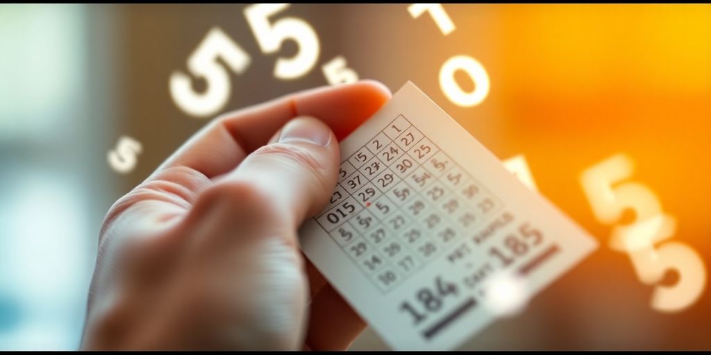 Mão segurando bilhete de loteria e números flutuantes.