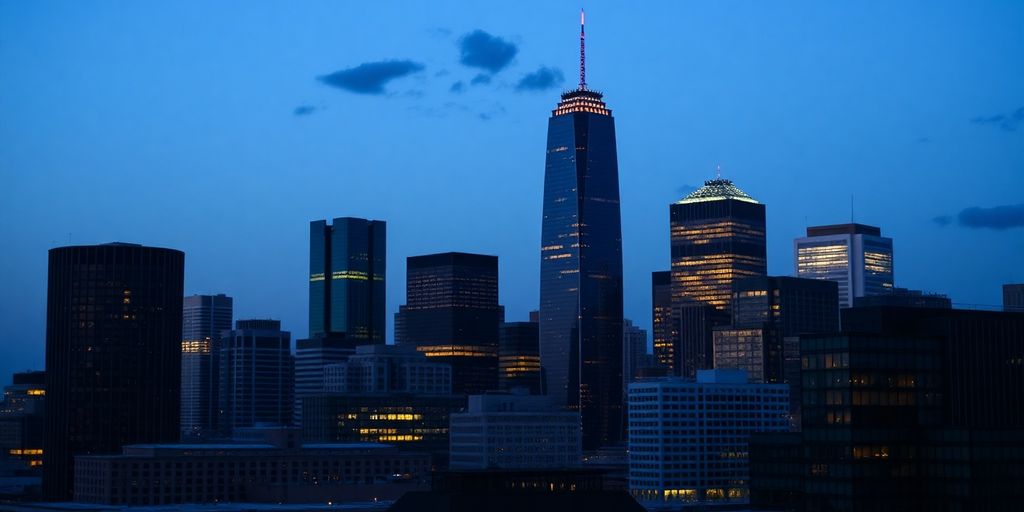 Dallas skyline with financial buildings.