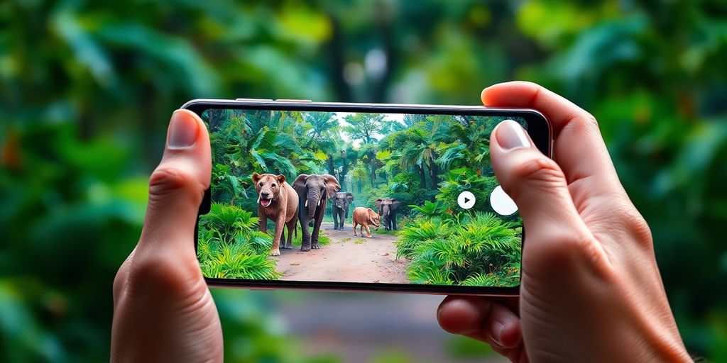 Augmented reality safari guide overlaying animals on smartphone screen.