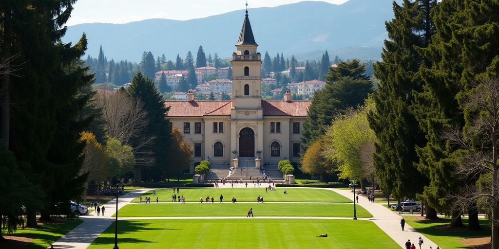 Stanford University campus with students and greenery.