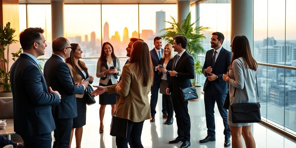 Professionals shaking hands in modern office with Atlanta skyline backdrop