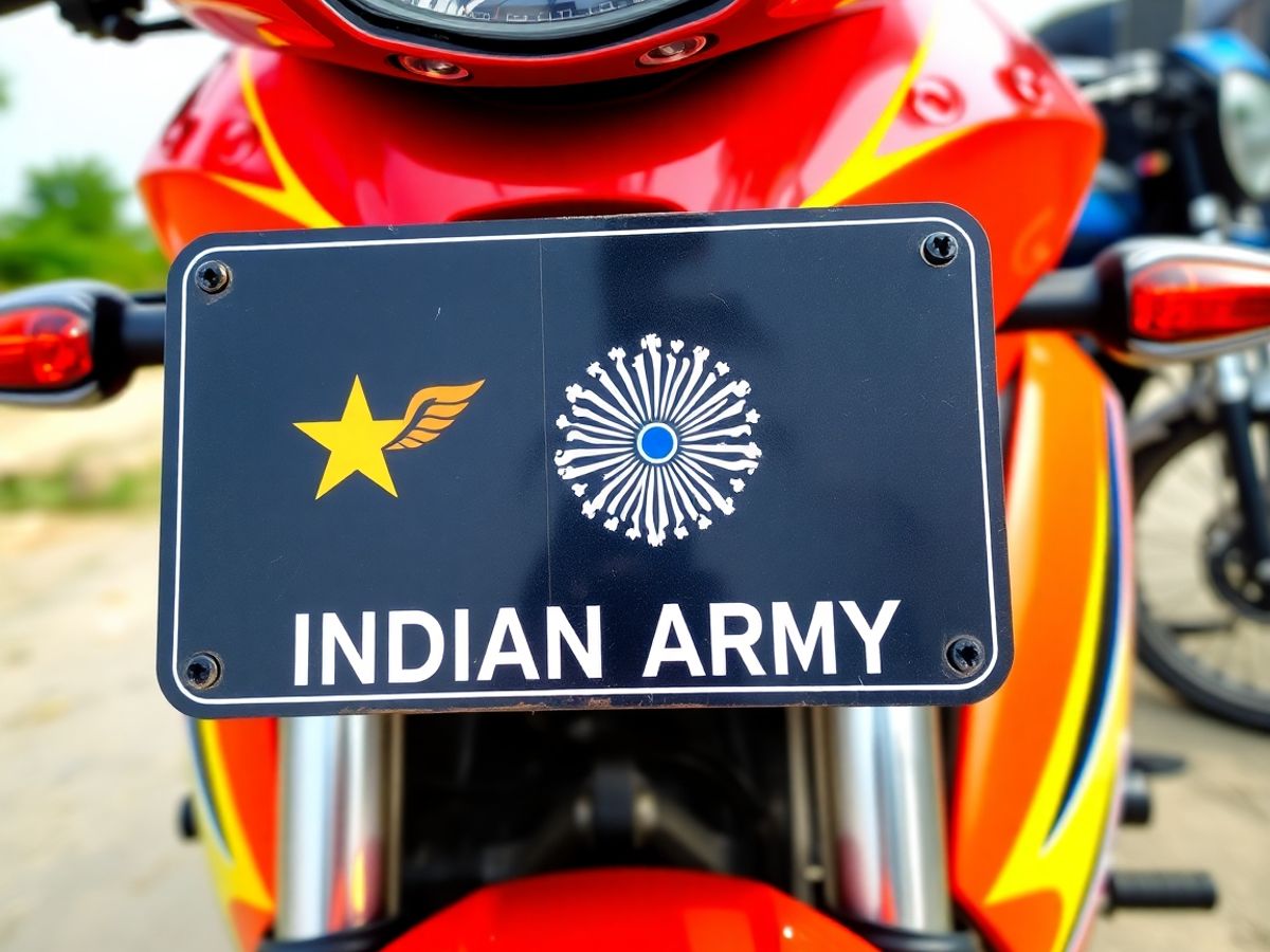 Motorcycle number plate with Indian Army logo displayed prominently.