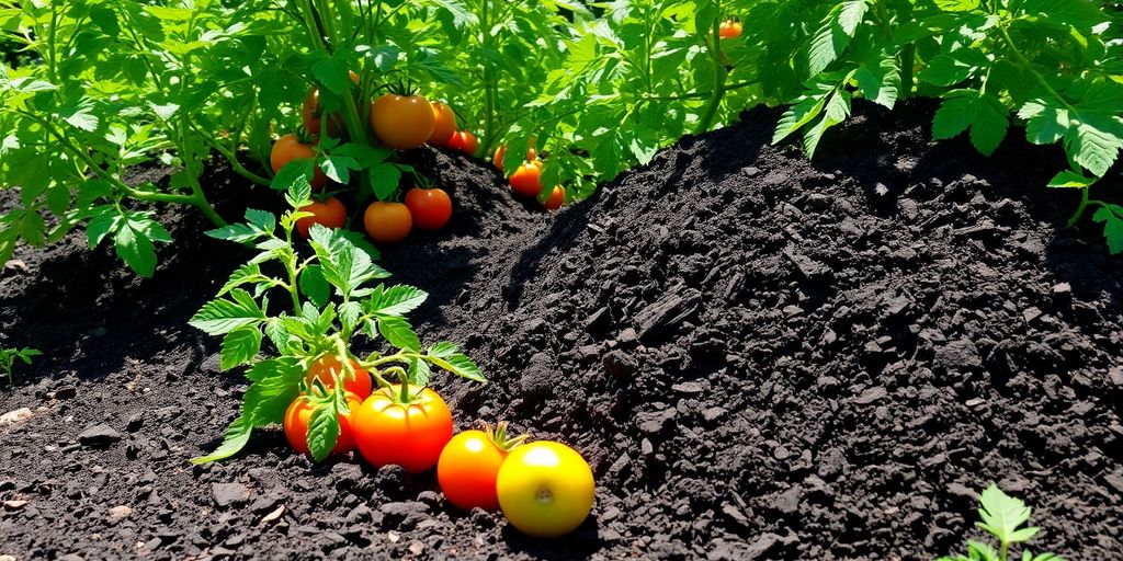 Kompost neben gesunden Tomatenpflanzen im Garten.