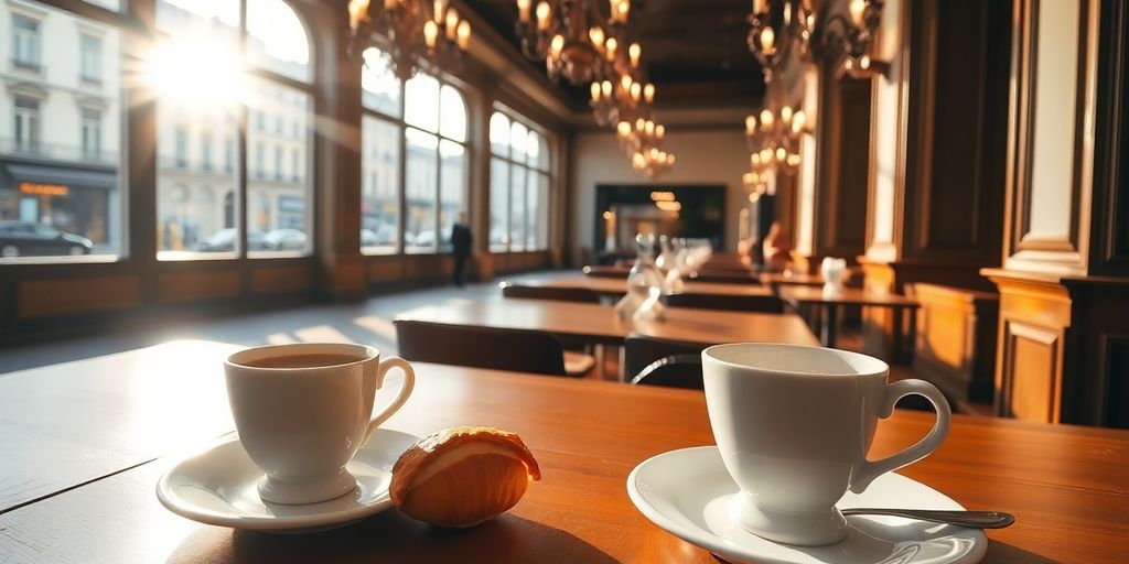 Table with coffee, pastries, and elegant decor.
