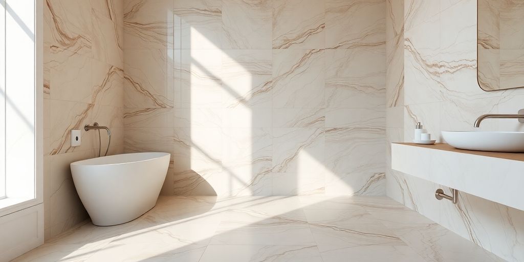 Beautifully tiled bathroom floor and walls.