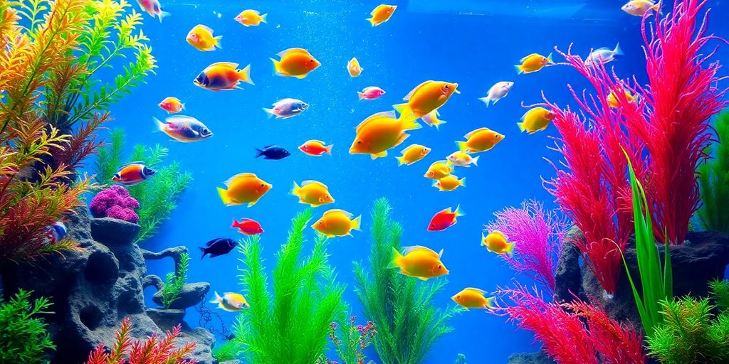 Makulay na aquarium na may makukulay na isda at halaman.
