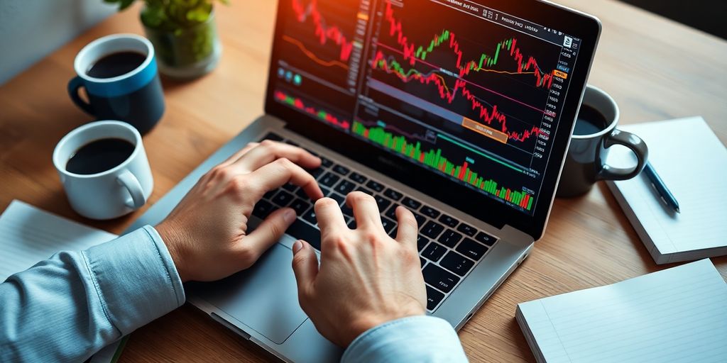 Hands on laptop in a focused trading environment.