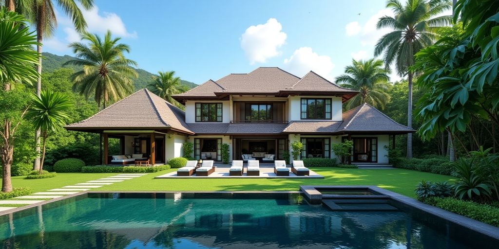 Luxury villa in Thailand with tropical foliage.