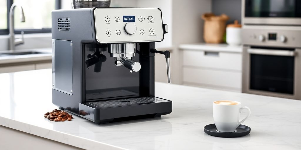 Sleek Royal Coffee Machine on kitchen counter with coffee.
