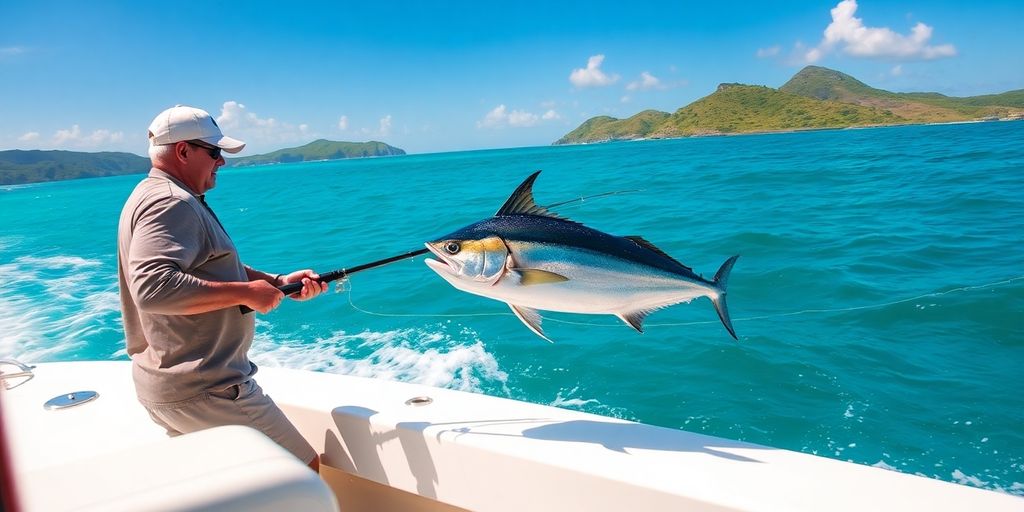 Angler reeling in large fish from a boat in crystal clear BVI waters.