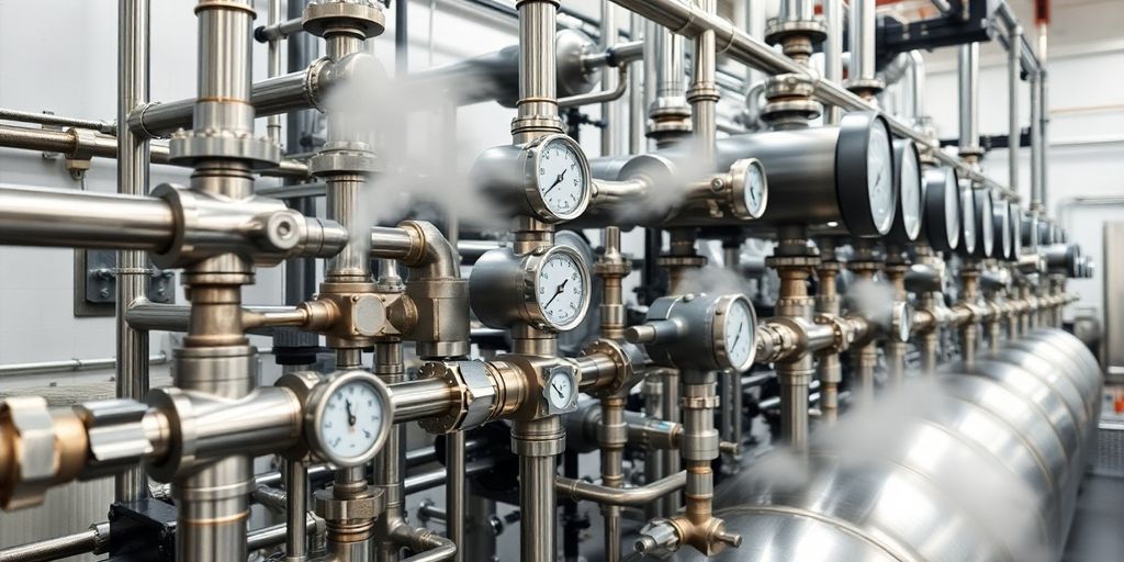 Industrial thermoregulation system with pipes and gauges.