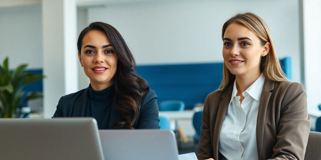 Fachkräfte dringend gesucht: Personalvermittlung in Augsburg als Lösung Zwei Personen unterhalten sich in einem modernen Büro.