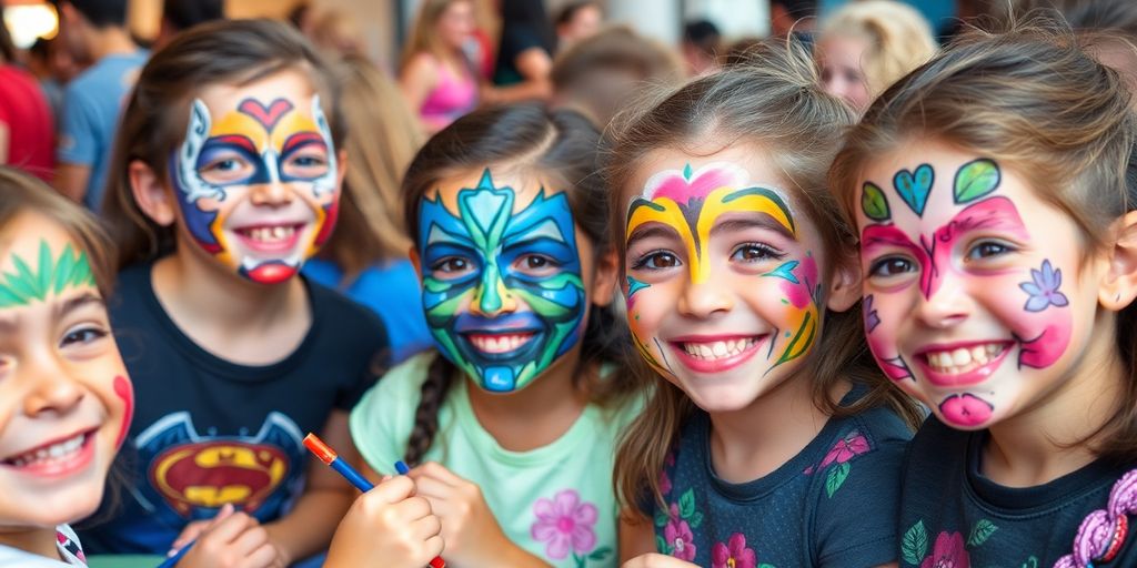 Children with colorful face paint at a group event.