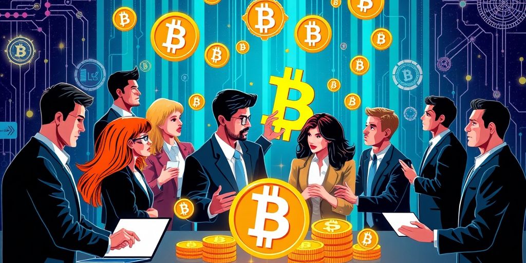 Diverse professionals engaging with digital currency symbols.