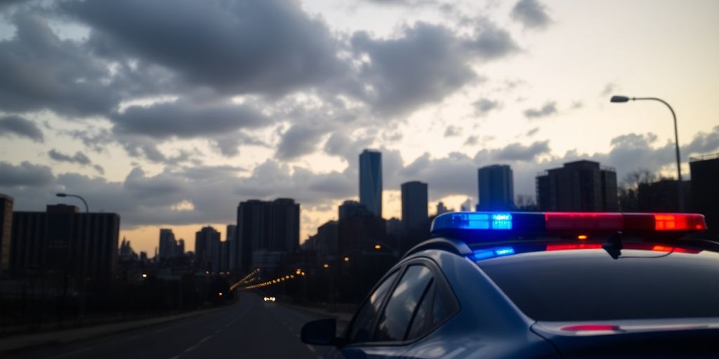 Urban skyline at dusk, police car with flashing lights.