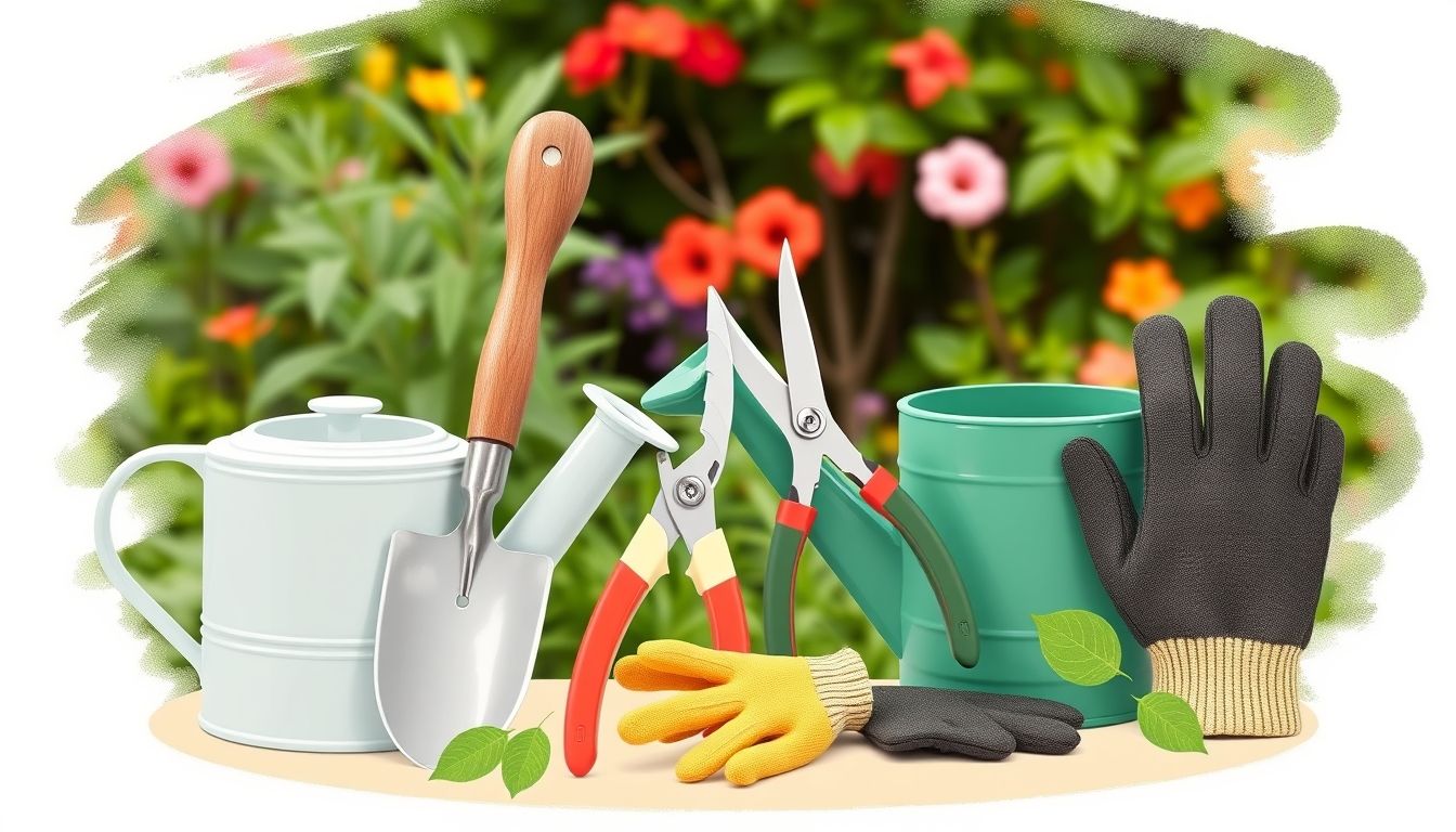 Eco-friendly garden tools in a lush garden