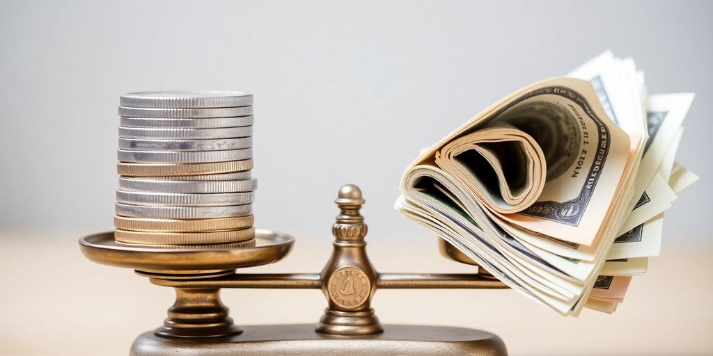 Pièces d'argent sur une balance, avec de la monnaie.