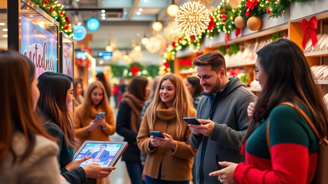 Festive scene with people engaging with personalized digital and physical marketing.