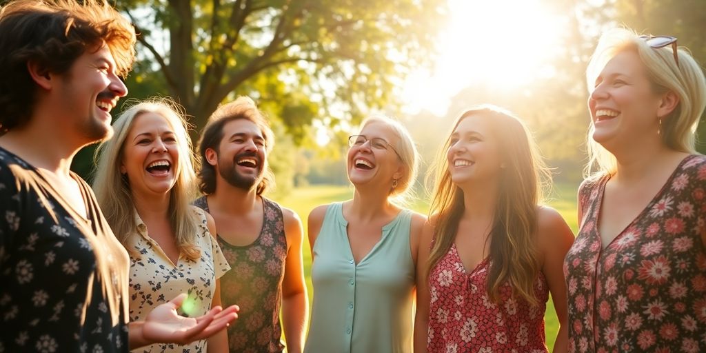 Lachende mensen tijdens lachyoga in de natuur.