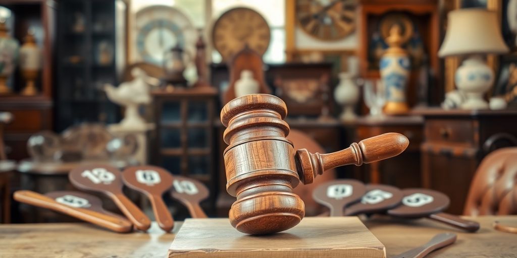 Gavel striking block, auction paddles, antique items.