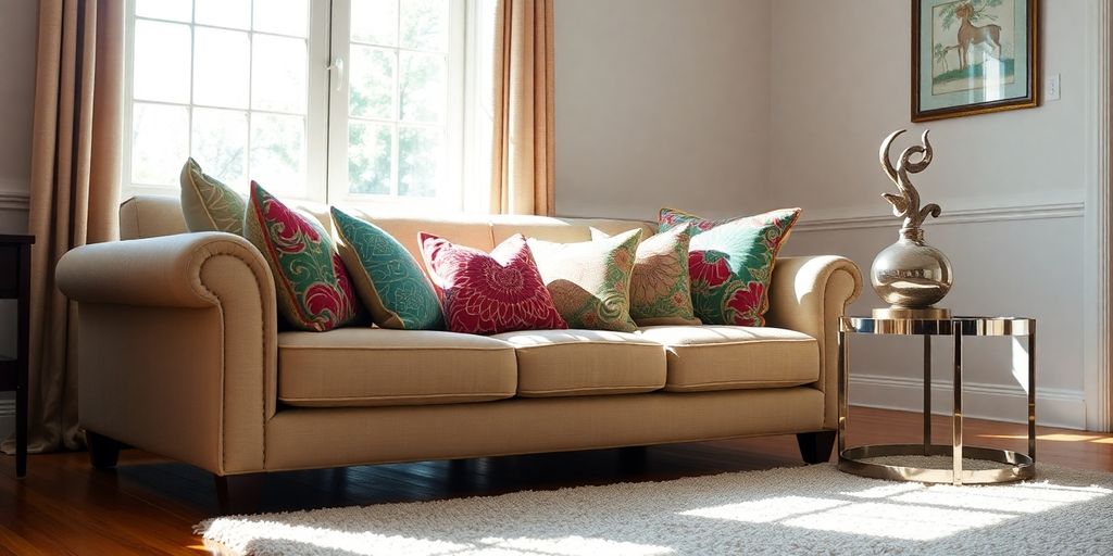 Stylish living room with discounted decorative pillows.