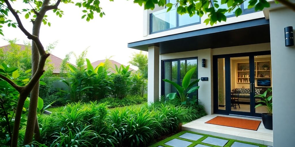 Vue d'une propriété moderne avec jardin verdoyant.