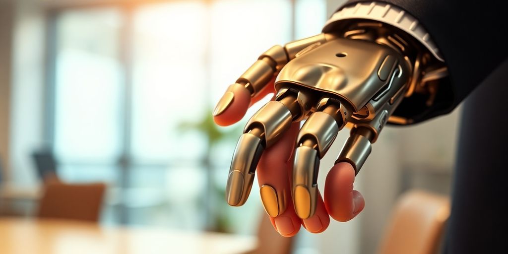 Robot and person shaking hands.