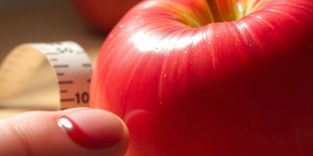 Red apples, blood drop, measuring tape.
