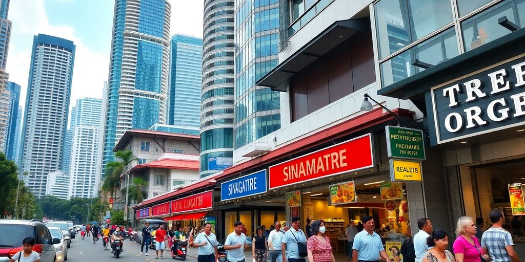 Vibrant street life in Singapore with modern architecture.