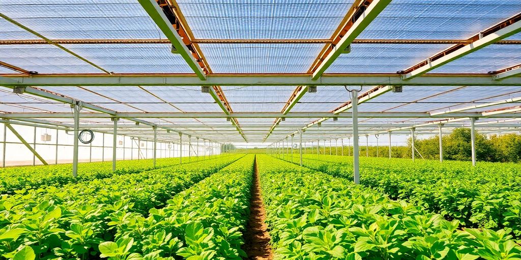 Photovoltaic greenhouse with various crops growing.