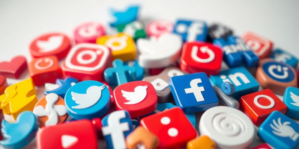 Ícones coloridos de redes sociais sobre fundo desfocado.