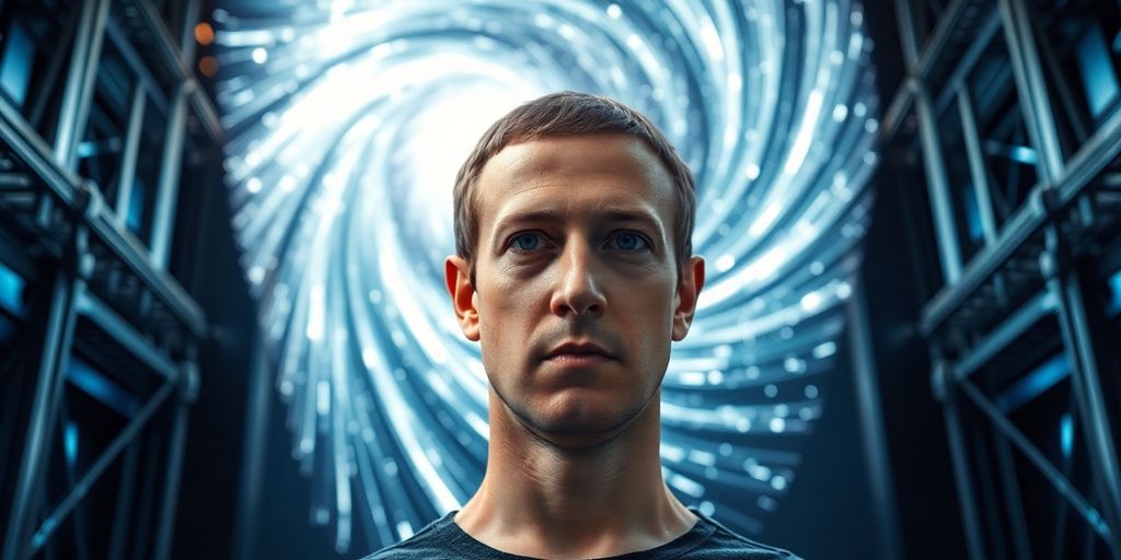 Zuckerberg focuses intensely on a glowing AI core.