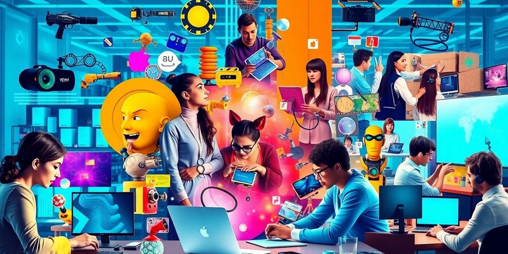 A vibrant collage of innovative technologies and diverse innovators.