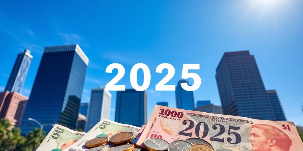 Dallas skyline with foreign currency notes and coins.