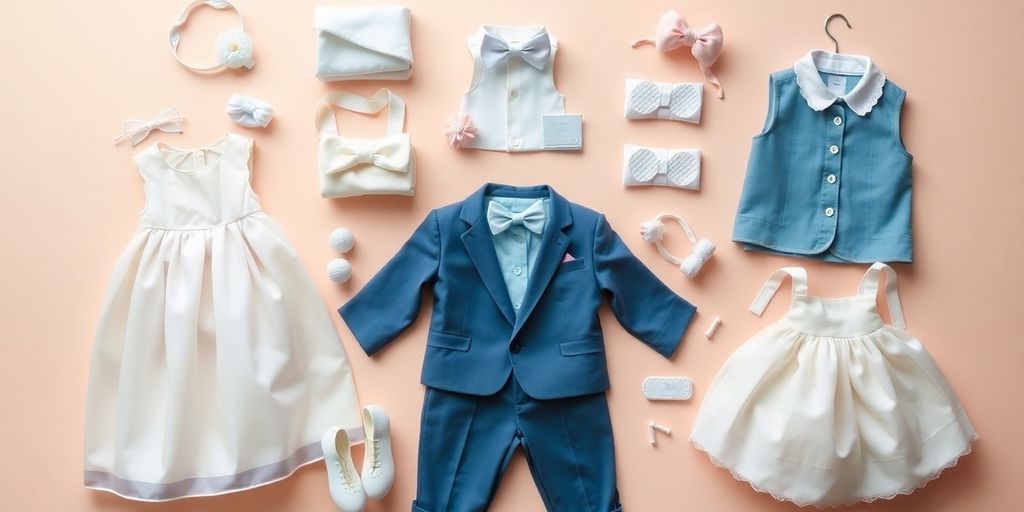 Bunte Babykleidung für besondere Anlässe auf einem Tisch.