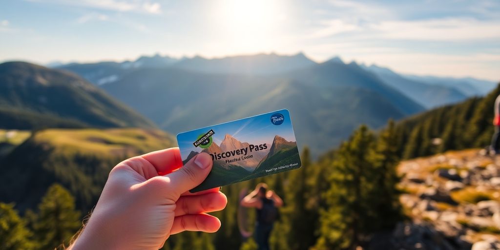 A person holding a Discovery Pass with a mountain range in the background.