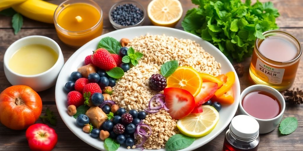 Colorful healthy foods for digestive wellness on a table.