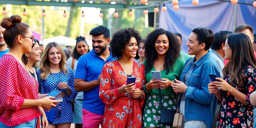 Diverse influencers collaborating at a lively outdoor event.