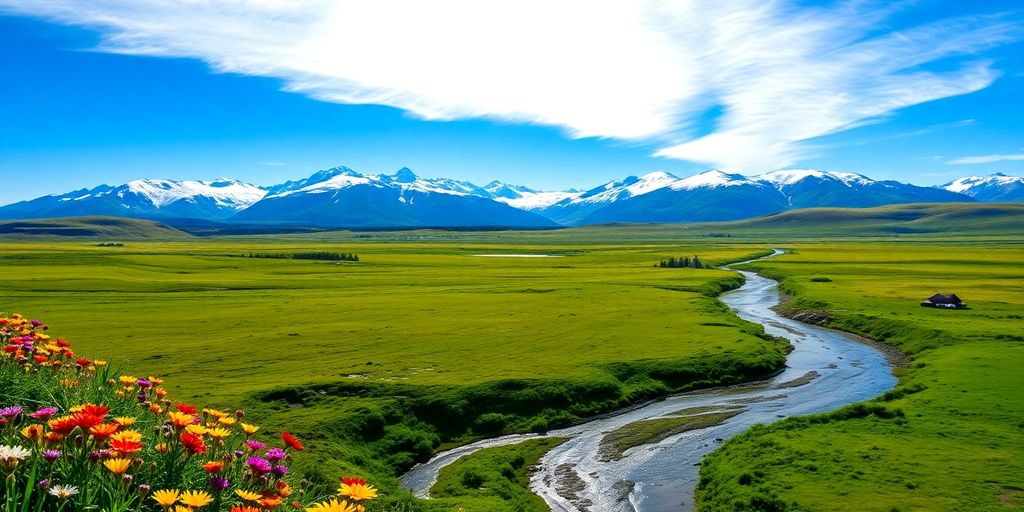 Alaskan landscape, summer, mountains, wildflowers, clear sky.