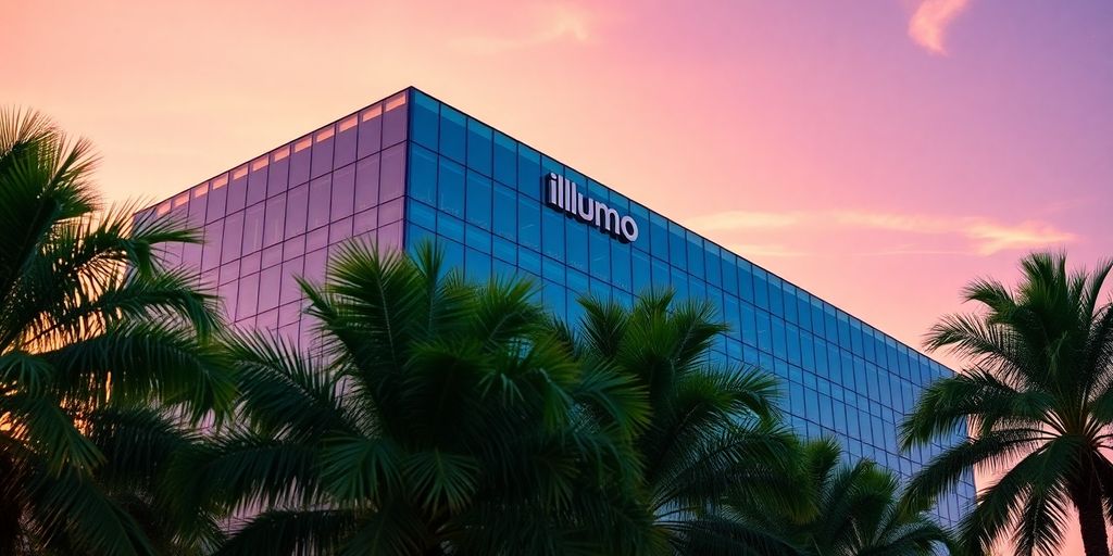 Illumina building at sunset, palm trees
