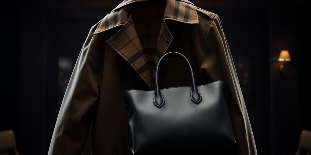 Burberry-Schal und Luxustasche vor dunklem Hintergrund