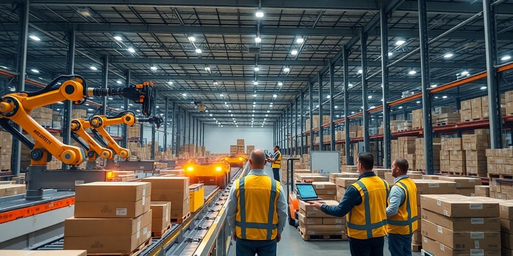 Modern warehouse interior with advanced logistics in action.